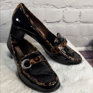 Brighton Actor patent leather loafers in black with leopard print trim EUC